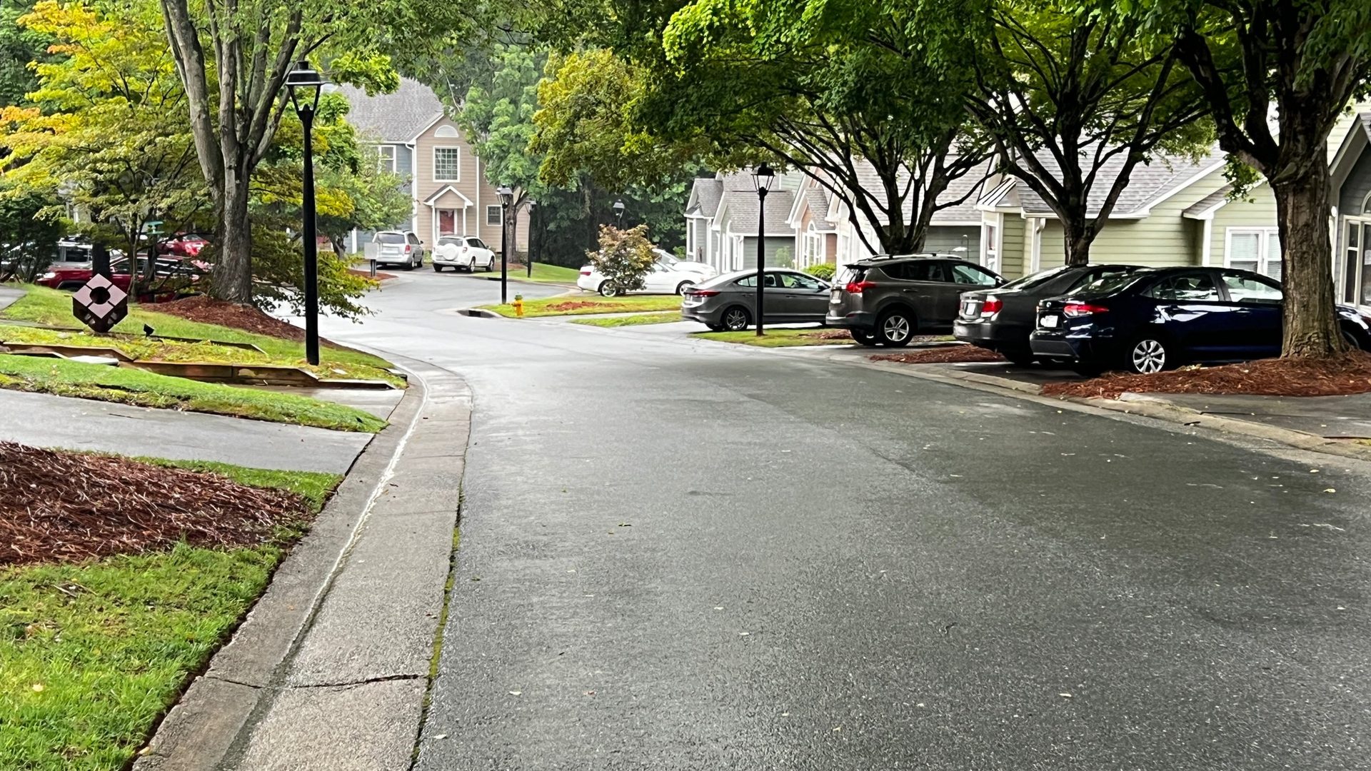 Tree-lined loop street inside Wynfield Townhomes with lamp posts and townhomes after a summer rain