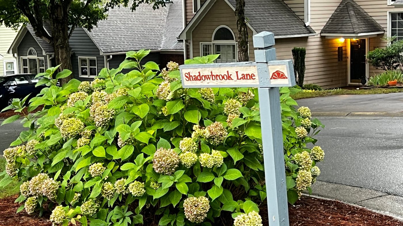 Hand-painted Shadowbrook Lane street sign beside blooming hydrangeas in front of Wynfield townhomes